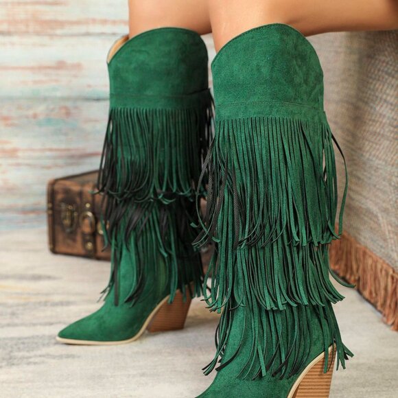 Green Western Women's Knee-High Faux Suede Cowboy Boots - Picture 3 of 7